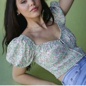 Elodie Puff Sleeve Ruched Crop Blouse in Green and Pink